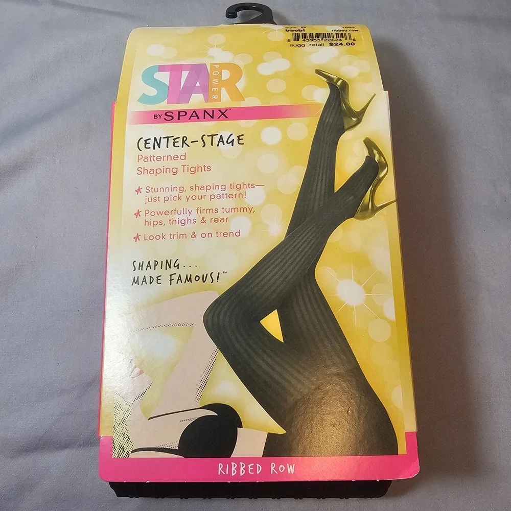 STAR POWER by SPANX Ribbed Row Size D Black Patterned Shaping Tights New 1553